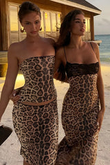 Leopard Print Lace Up Corset Sequin Midi Skirt Set