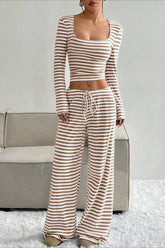 Casual Two Tone Stripe Two Piece Pants Set