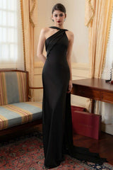 Elegant Satin Slant Neck Sheath Formal Dress