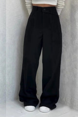 Button High Waist Solid Long Fluid Pants
