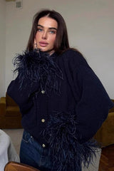 Elegant Button Solid Feather Paneled Sweater