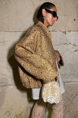 Gold 3D Sequin Embroidered Wool Blend Pocket Coat