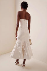 White Strapless 3D Floral High Waist Prom Dress