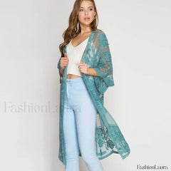 3/4 Sleeve Floral Bikini Cover Up Green / One Size