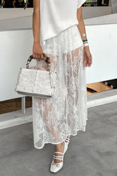 Sexy Sheer Brocade Lace White Jacquard Maxi Skirt