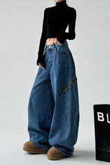 Leopard Spliced Vintage Wide Leg Jeans Blue / S