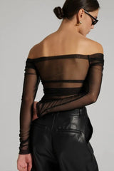 Off Shoulder Sheer Mesh Bodycon Long Sleeve Tee