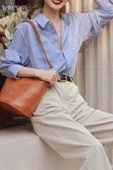 Elegant Blue Stripe Long Sleeve Blouse