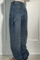 Allover Rhinestone Washed Wide Leg Jeans