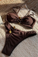 Solid Cutout Beaded Ribbed Bikini Set