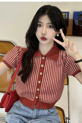 Thin Knit Turn down Collar Short Sleeve Cardigan