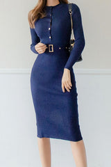 Button Front Bodycon Sweater Dress Navy blue / One Size