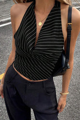 Elegant Stripe Halter Sleeveless Backless Draped Crop Top