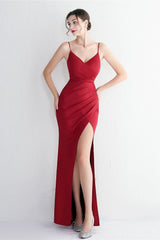 Long Satin Slit Halter Sheath Formal Dress Red / S