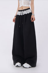 Lace Insert Ruffle Wide Leg Pants
