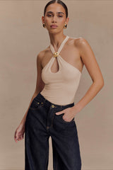 Metal Trim Halter Cutout Chic Tank Top