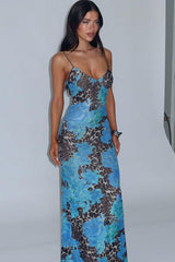 Blue Leopard Print Slim Strap Maxi Floral Dress
