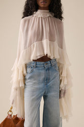 Chiffon Tiered Ruffle Long Sleeve Crop Blouse