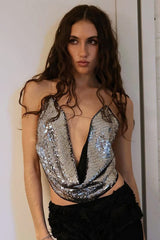 Metal Sequin Chain Backless Tank Top