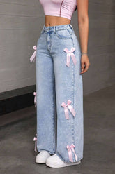 Y2K Bow Applique Washed Relaxed Jeans