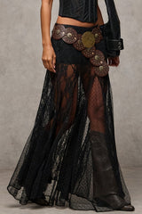Lace Print Sheer Low Waist Maxi Boho Skirt