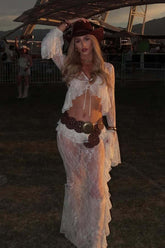 Ruffle Lace Sheer Bell Sleeve Boho Skirt Set