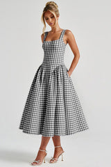 Plaid Printed Ruched Backless Spaghetti Strap Prom Dress