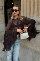 Flared Sleeve Chiffon Ruffle Detail Blouse