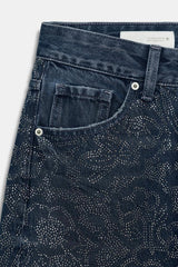 Low Rise Wide Leg Rhinestone Embellished Jeans