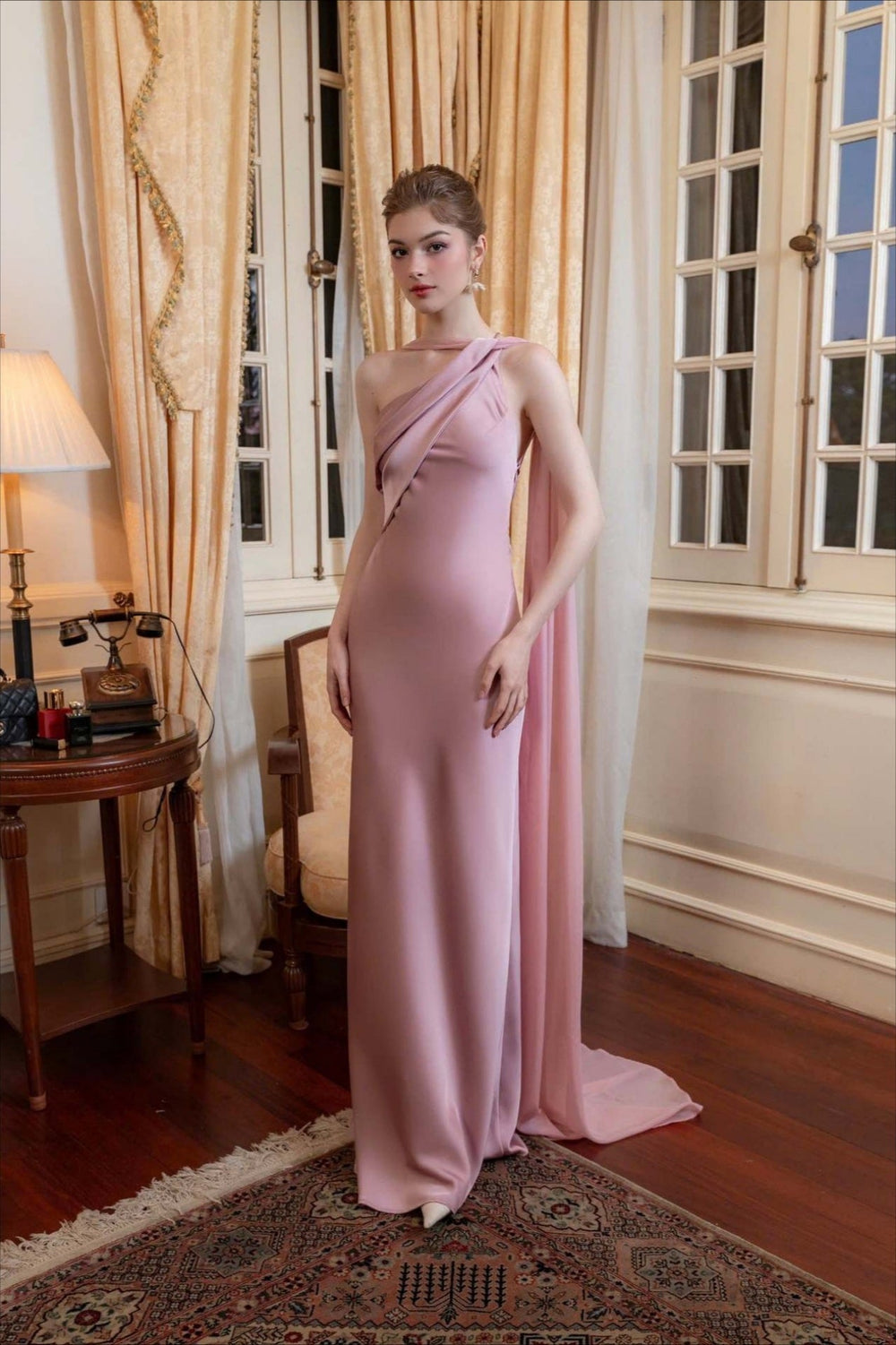 Elegant Satin Slant Neck Sheath Formal Dress