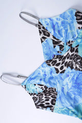 Blue Leopard Print Slim Strap Maxi Floral Dress