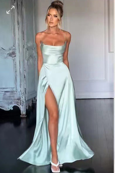 Elegant Spaghetti Strap Ruched Formal Dress S / Light Blue