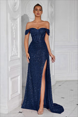 Beaded Bustier High Slit Formal Dress XS / Navy blue