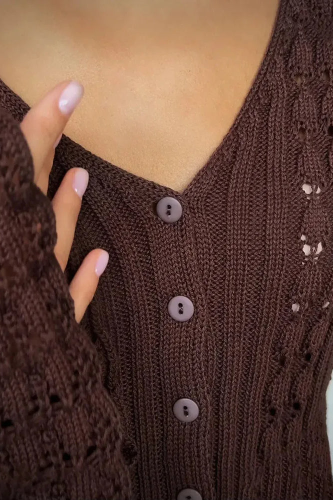 Hollow Out Knit V Neck Long Sleeve Cardigan