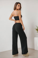 Sexy Wrap Front Split Hem Top Straight Pants Set