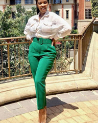 Solid Color Belted Pencil Pants Pants