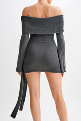 Off Shoulder Tie Knit Sweater Dress