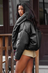 Faux Leather Stand Collar Cropped Puffer Jacket