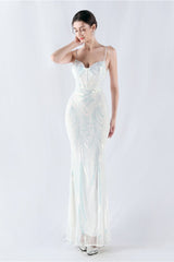 Boned Sequin Embroidered Formal Dress S / White