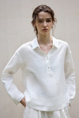 Linen Polo Collar Relaxed Blouse