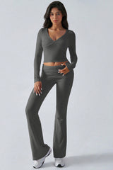 Casual V Neck Flared Stretch Two Piece Pants Set