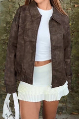 Brown Print Stand Collar Jacket