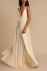 Deep V Neck Lace Patchwork Boho Dress Ivory / S