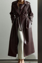 Belted Faux Leather Waist Fit Overcoat