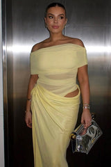 Off-the-Shoulder Ruched Tulle Paneled Cutout Maxi Dress