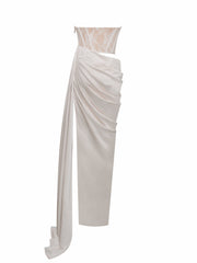 Callie Pearl White Lace Graceful Satin Corset High Slit Gown Gowns