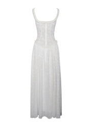 Ulissa White Square Neck Jacquard Trendy Textured High Slit Maxi Dress Dresses