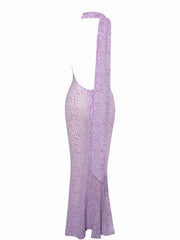 Olena Purple Burnout Velvet Animal Trendy Print Mesh Halter Neck Maxi Dress Dresses