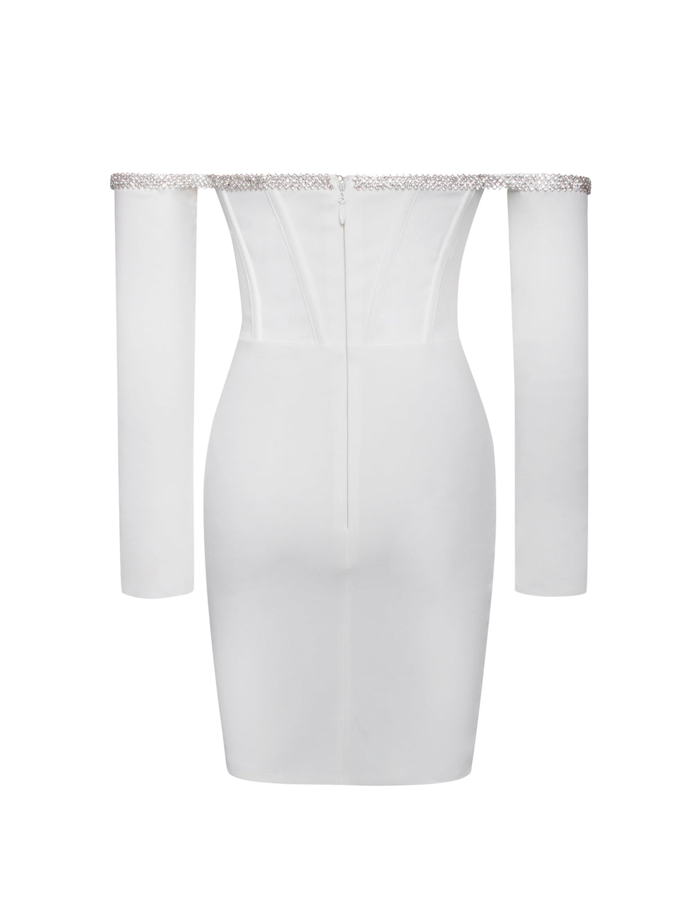 Annika White Off Shoulder Long Trendy Sleeve Corset Dress With Crystal Trim Dresses