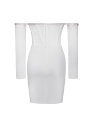 Annika White Off Shoulder Long Trendy Sleeve Corset Dress With Crystal Trim Dresses